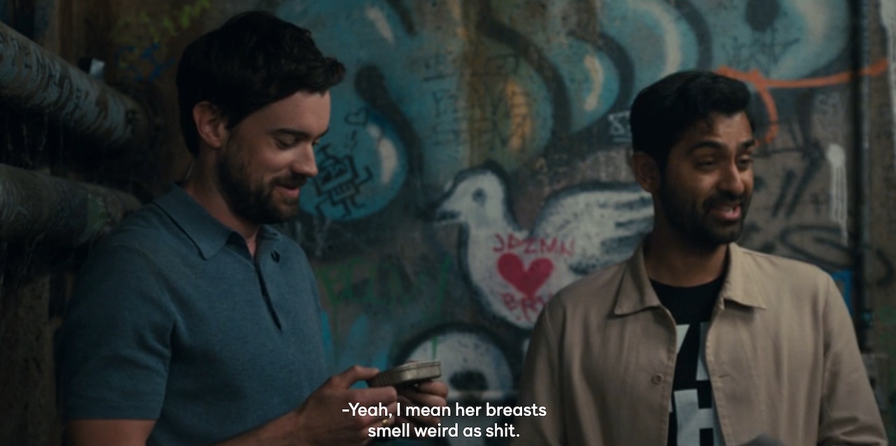 Rob (Jack Whitehall) and Naveen (Kapil Talwalkar) talk about Allison on The 'Burbs.