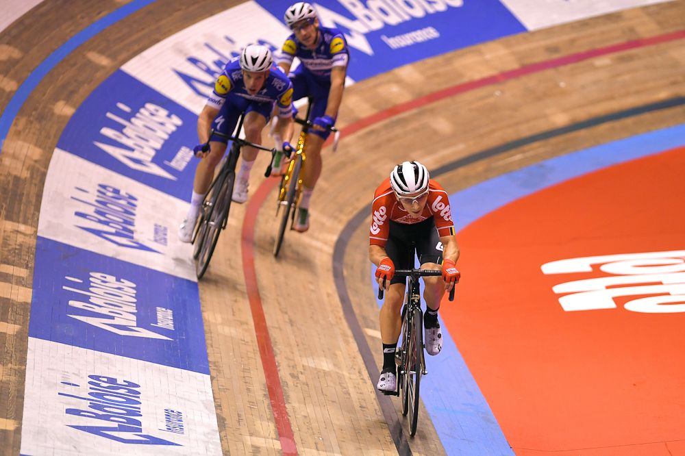 Jasper De Buyst on the track ahead of Iljo Keisse and Elia Viviani in the final Madison at the Gent Six