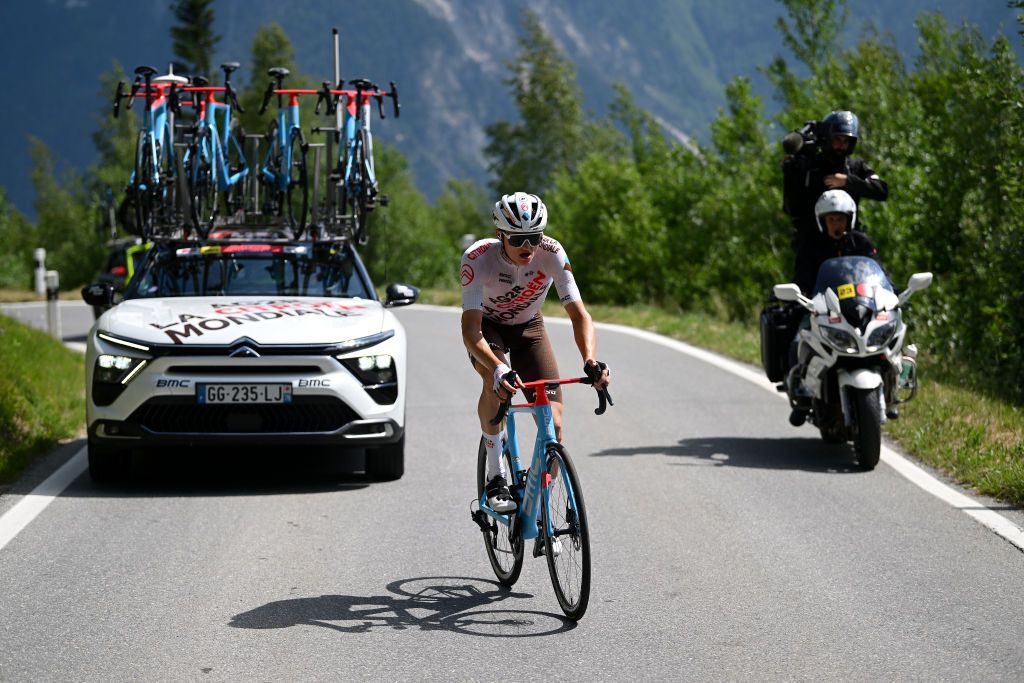 LEUKERBAD SWITZERLAND JUNE 14 Felix Gall of Austria and Ag2R Citron Team competes in the breakaway during the 86th Tour de Suisse 2023 Stage 4 a 1525km stage from Monthey to Leukerbad 1367m UCIWT on June 14 2023 in Leukerbad Switzerland Photo by Dario BelingheriGetty Images