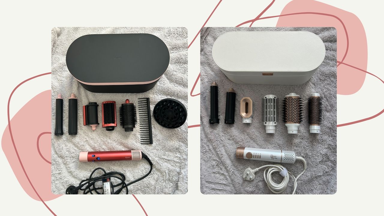 On the left is a picture of the Dyson Airwrap, with all its styling attachments laid out on a bedding background. And on the right is a picture of the Beauty Works Aeris styler with all of its attachments also laid out in the same way/ both featured in a cream template with pink dots and lines.