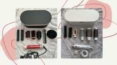 On the left is a picture of the Dyson Airwrap, with all its styling attachments laid out on a bedding background. And on the right is a picture of the Beauty Works Aeris styler with all of its attachments also laid out in the same way/ both featured in a cream template with pink dots and lines.