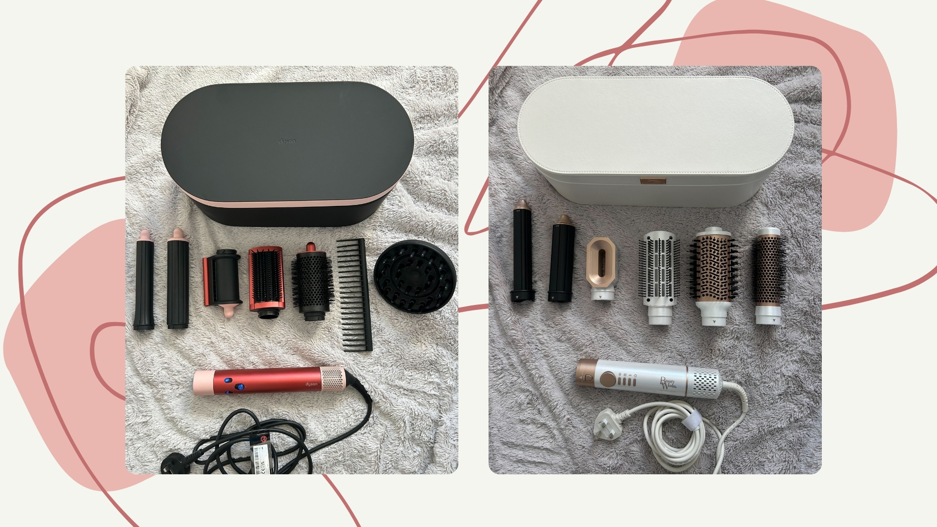 On the left is a picture of the Dyson Airwrap, with all its styling attachments laid out on a bedding background. And on the right is a picture of the Beauty Works Aeris styler with all of its attachments also laid out in the same way/ both featured in a cream template with pink dots and lines.