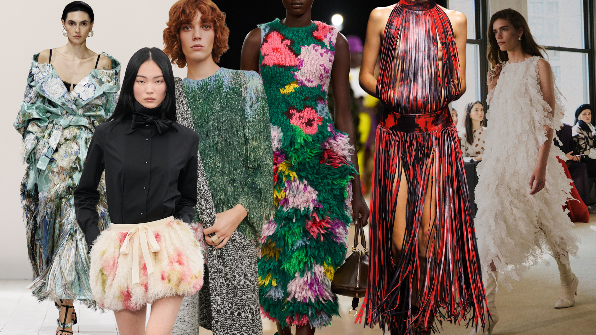 spring 2026 florals, flower fringe at Givenchy, Dior, Louis Vuitton, Balenciaga, McQueen, and Atluzarra