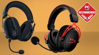 The best wireless gaming headsets from Razer and HyperX on an orange background with PC Gamer Recommended logo.