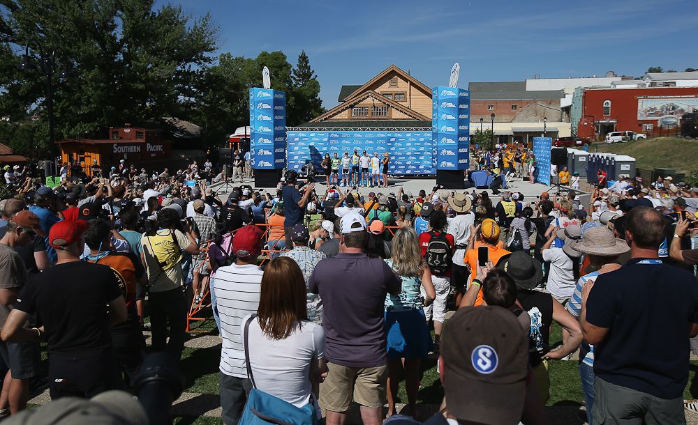 Crowds watch the podium ceremony at stage 3 of the Tour of California