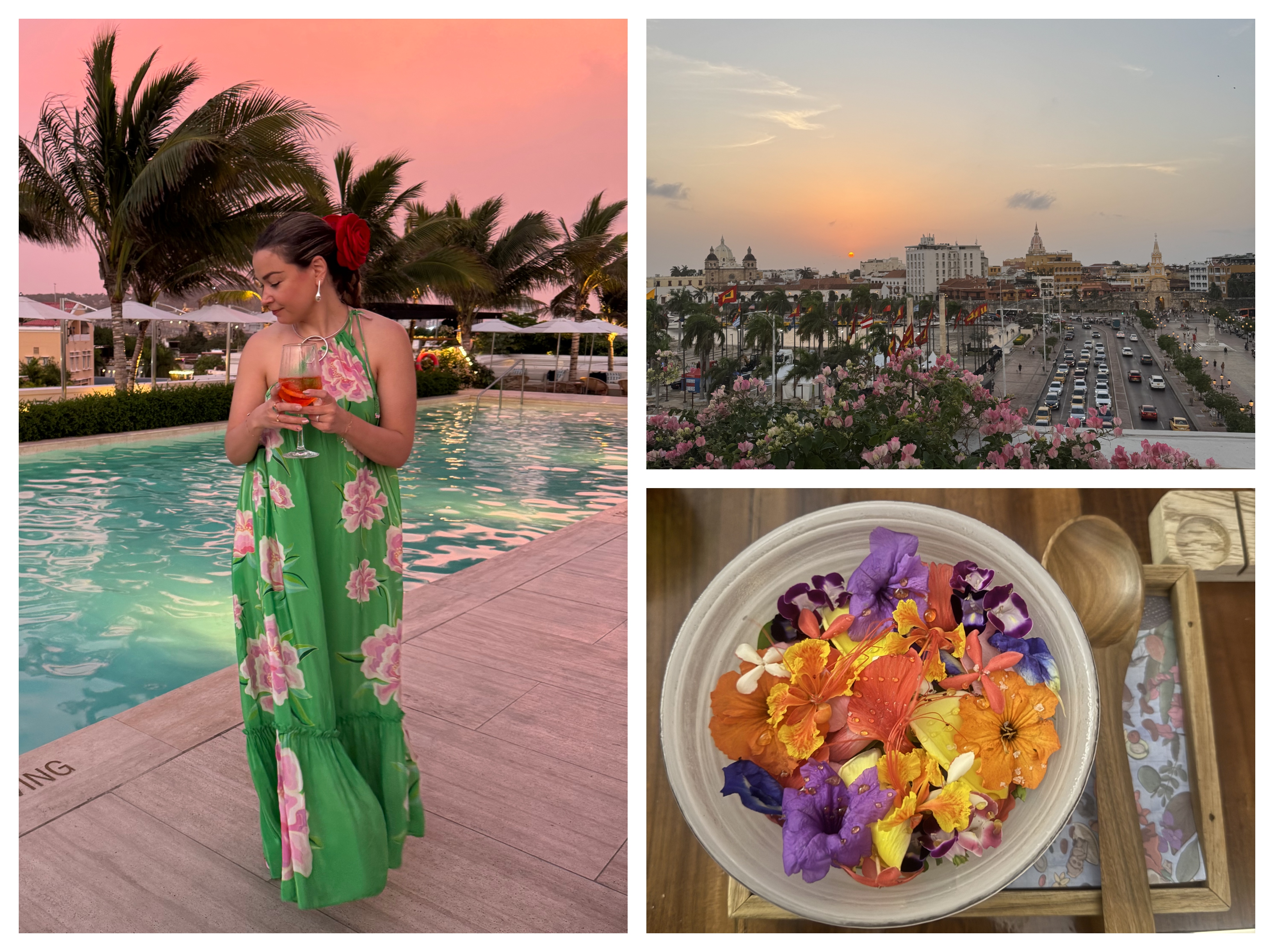 Writer Irina Grechko wearing a floral-print, one-shoulder green maxi dress in Cartagena, Colombia.