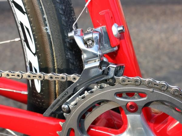 Like most pros, Todd Wells (Specialized) opts for the steel caged version of SRAM's Red front derailleur.