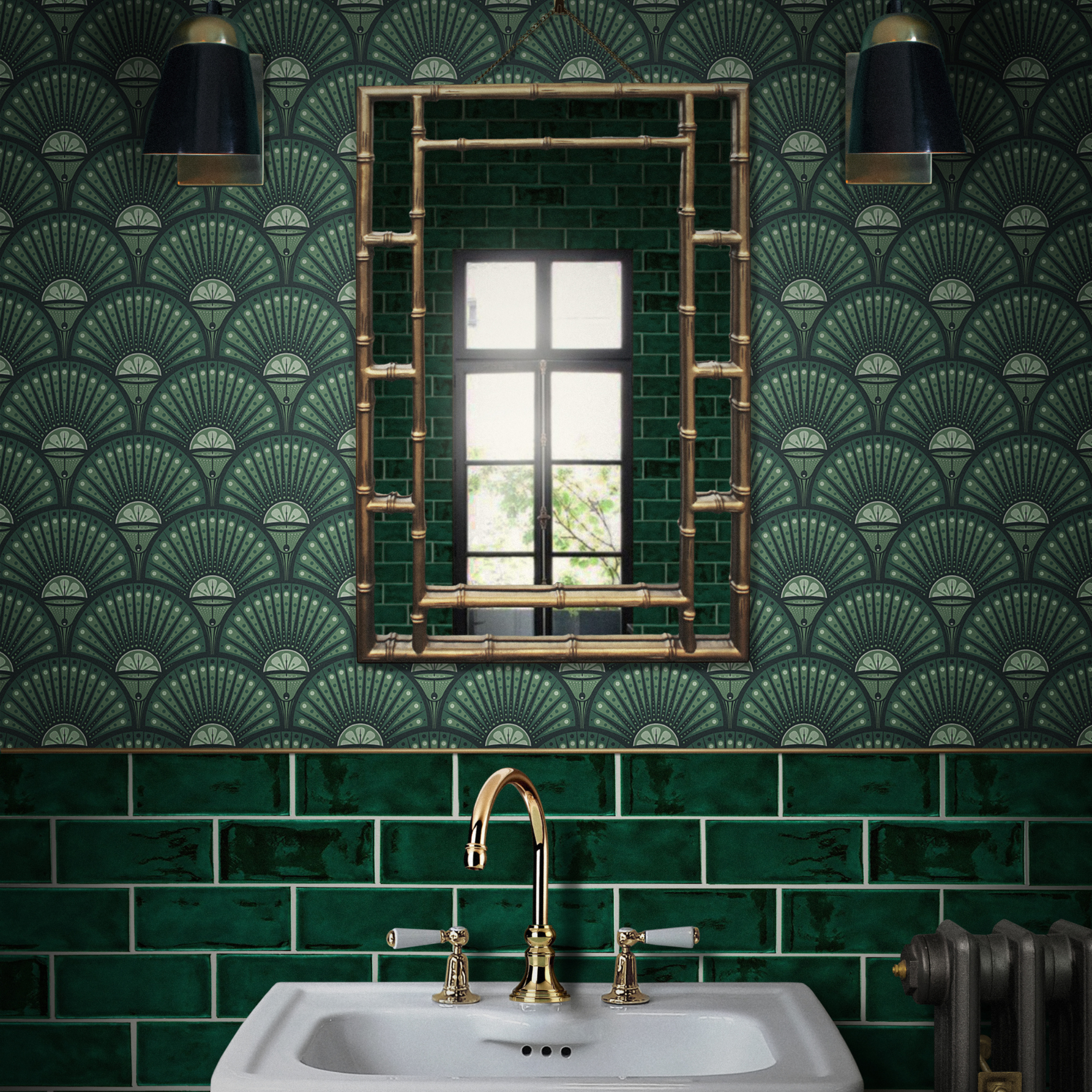 a green bathroom with heritage wallpaper on wall above basin