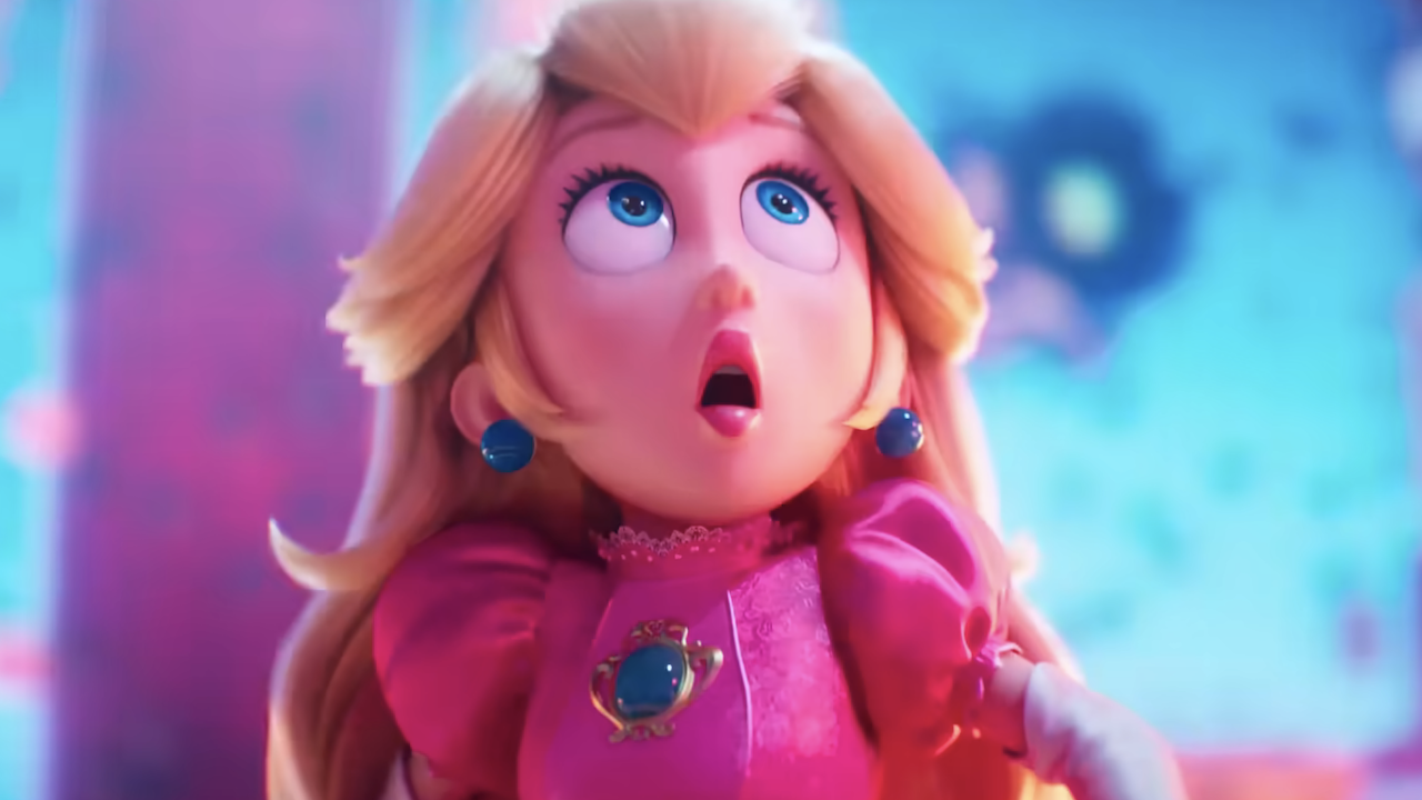 Princess Peach looking up into the sky worriedly in The Super Mario Galaxy Movie