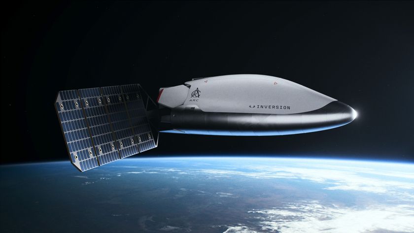 An illustration of a white space capsule with a solar panel on the back wing