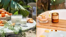 two types of candles from two different brands, The White Company and P.F.Candle Co. in different settings, one outside with cirtrus fruits, the other on wooden bath tray with brush