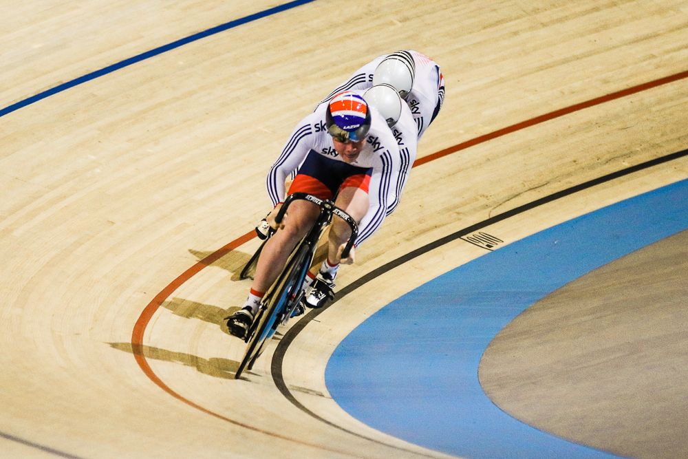 Team of Great Britain competes in the Men's Team Sprint on day one of the UCI Track World Cup at Omnisport Apeldoorn