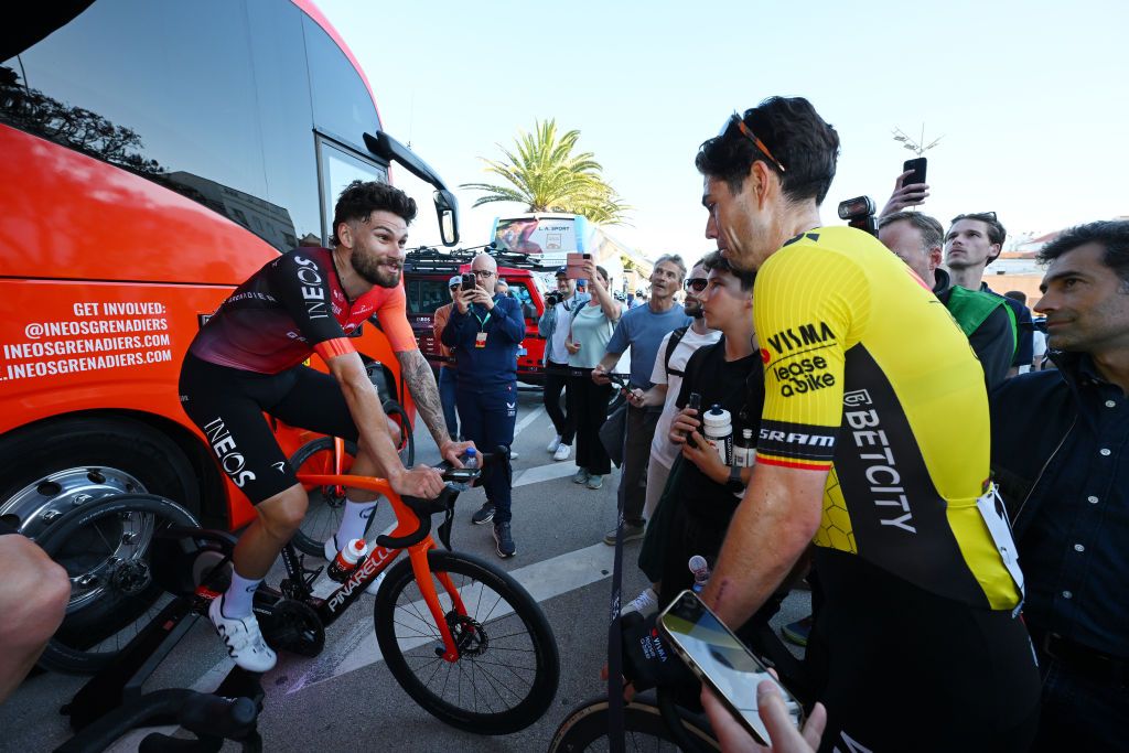 LAGOS PORTUGAL FEBRUARY 19 LR Stage winner Filippo Ganna of Italy and Team INEOS Grenadiers and Wout Van Aert of Belgium and Team Visma Lease a Bike react after the 51st Volta ao Algarve em Bicicleta Stage 1 a 1922km stage from Portimao to Lagos on February 19 2025 in Lagos Portugal Photo by Tim de WaeleGetty Images
