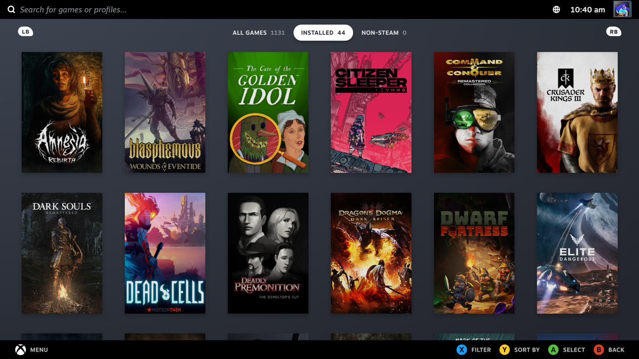 A list of installed games shown in Steam's new Big Picture UI.