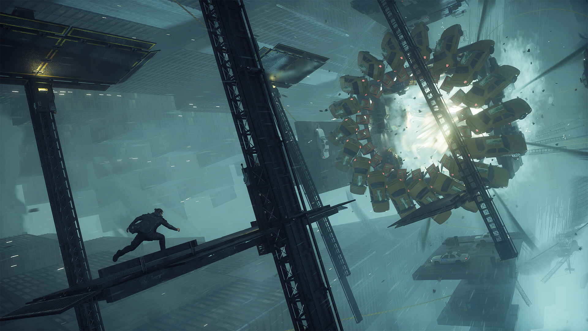 A lone figure runs across a narrow steel beam as a massive machine bursts with light in a vast teal sci-fi structure, creating a tense, cinematic mood.
