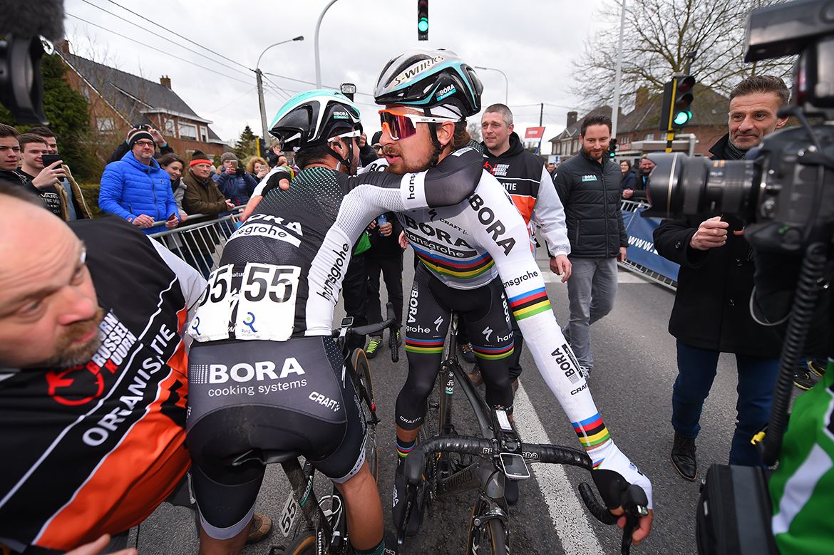 Michael Schwarzmann congratulates Peter Sagan after Kuurne-Brussel-Kuurne.