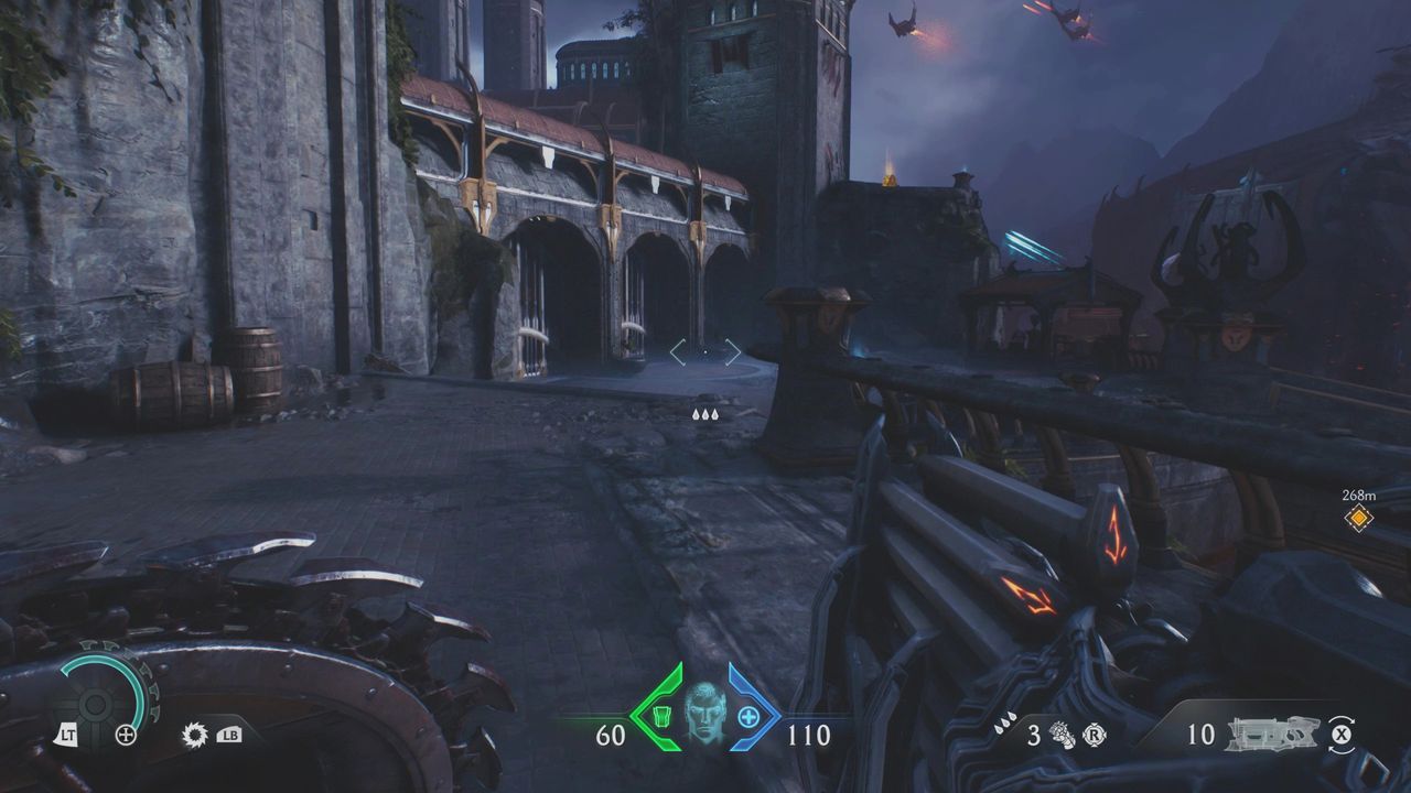 Doom: The Dark Ages Sentinel Barracks secrets - A castle wall with a row of locked gates blocking a courtyard.
