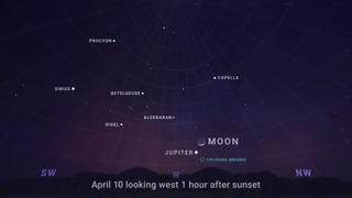 A NASA sky map showing the location of Jupiter near the crescent moon 1 hour after sunset on April 10, 2024.