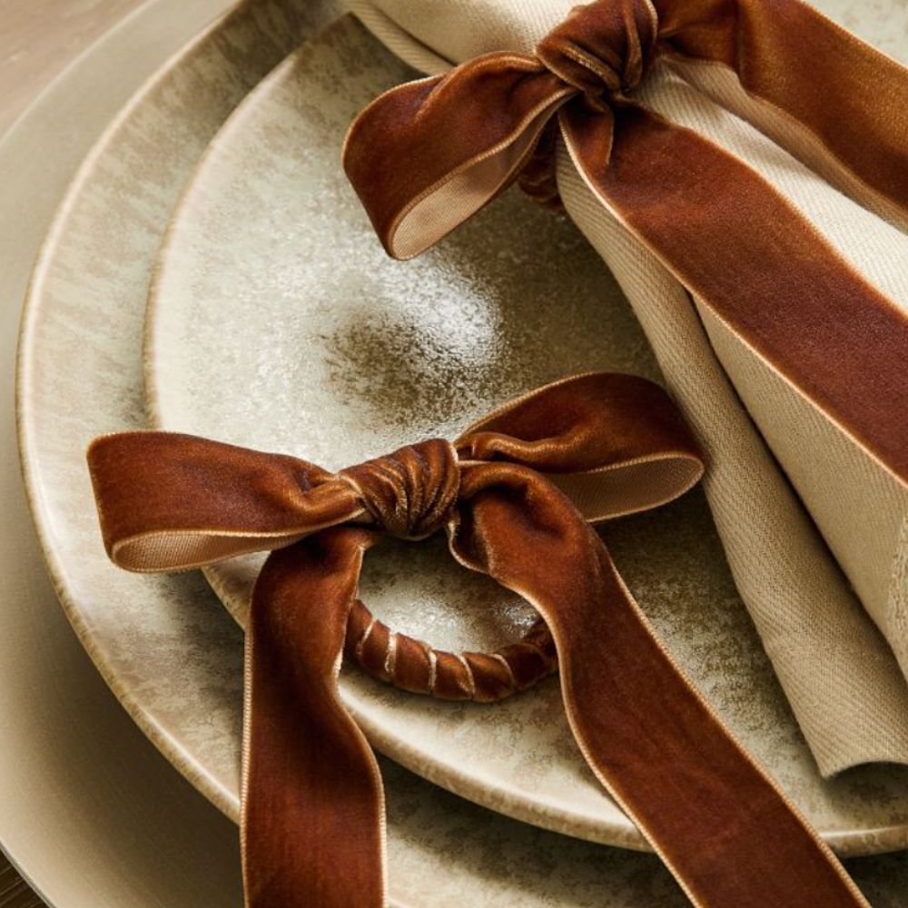 Brown velvet ribbon bow napkin rings