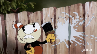 Cuphead painting a fence in The Cuphead Show