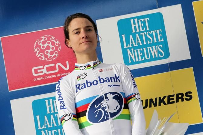 Cyclo-cross world champion Marianne Vos on the podium in 2nd place at the Heusden-Zolder World Cup round