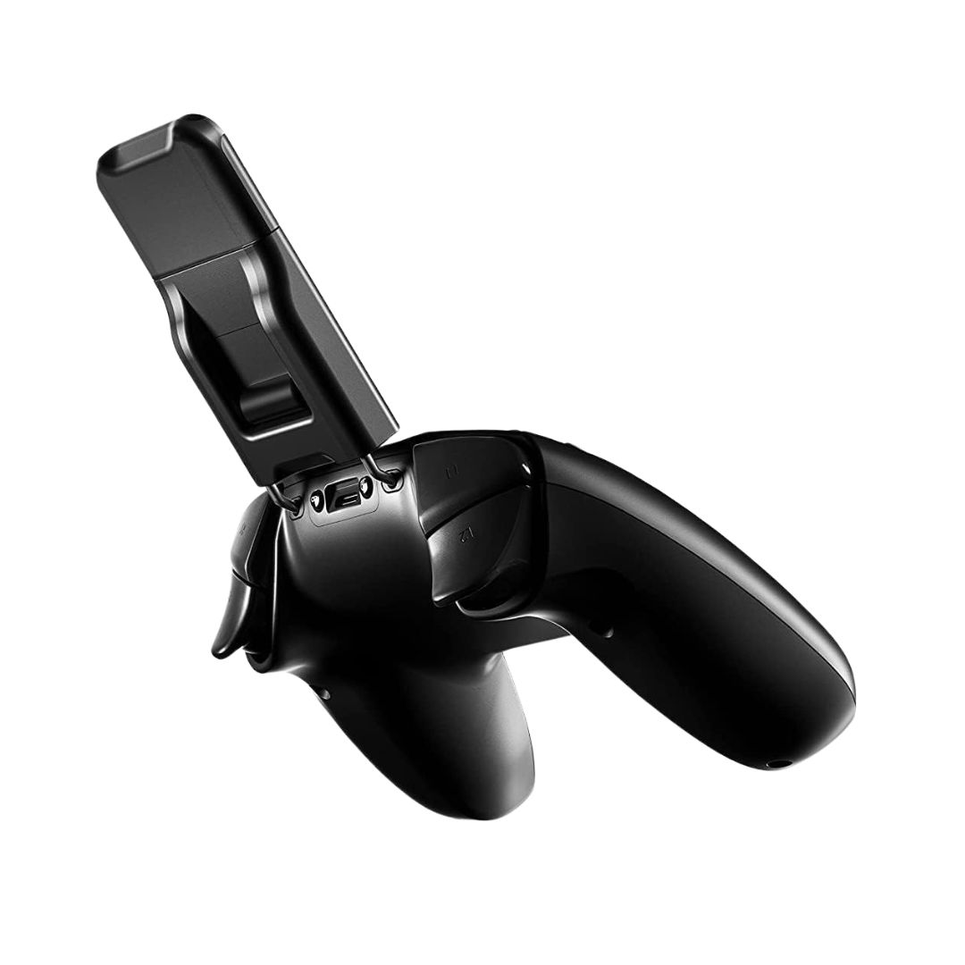 The SteelSeries Stratus+ with its mobile holster extended