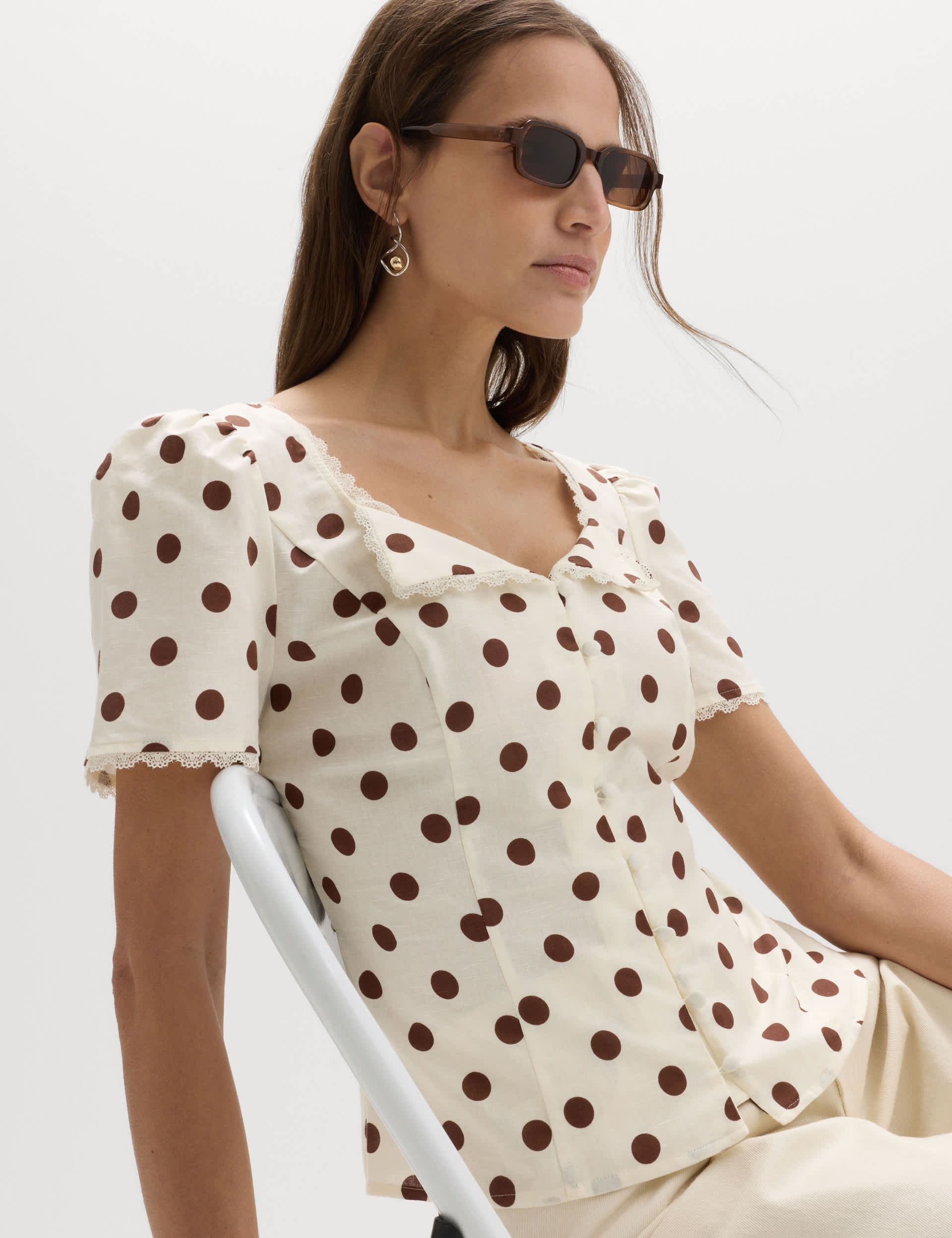Polka Dot Lace Detail Button Through Top