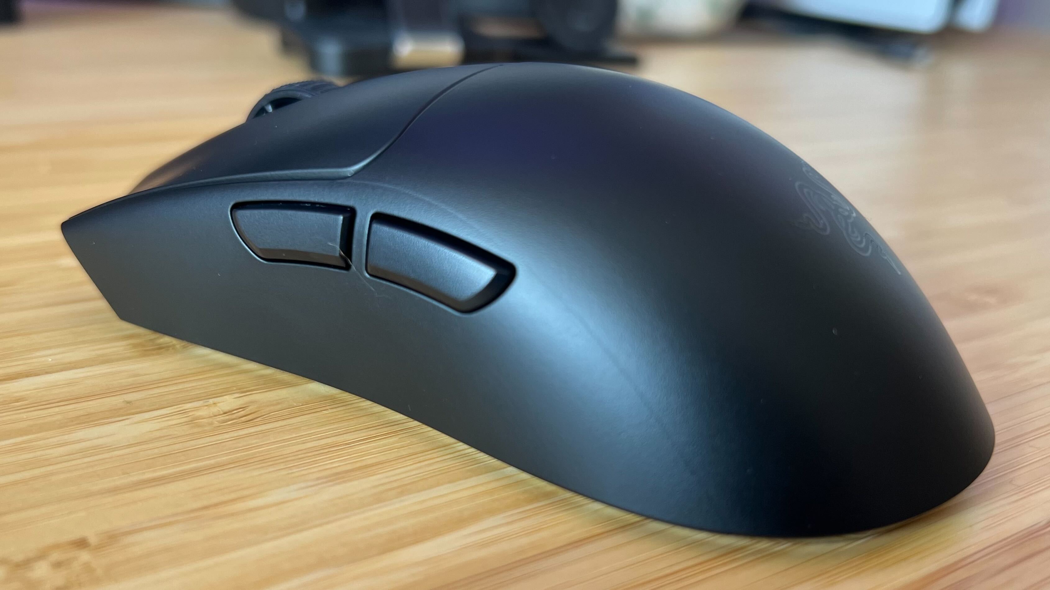 Left side of Razer Viper V3 Pro gaming mouse showing side buttons and shape of thumb groove