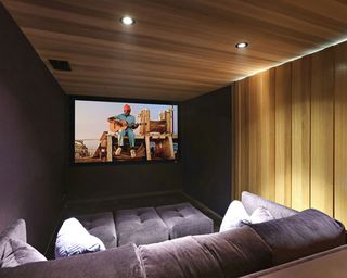 screening room with big tv screen and sofa
