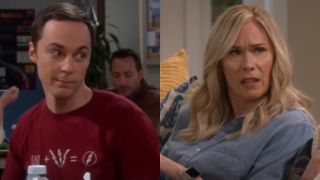 Jim Parsons in The Big Bang Theory looking curious and Leanne Morgan on Leanne.