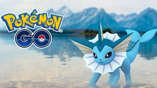 Vaporeon in Pokemon Go, standing in water with mountains in the background