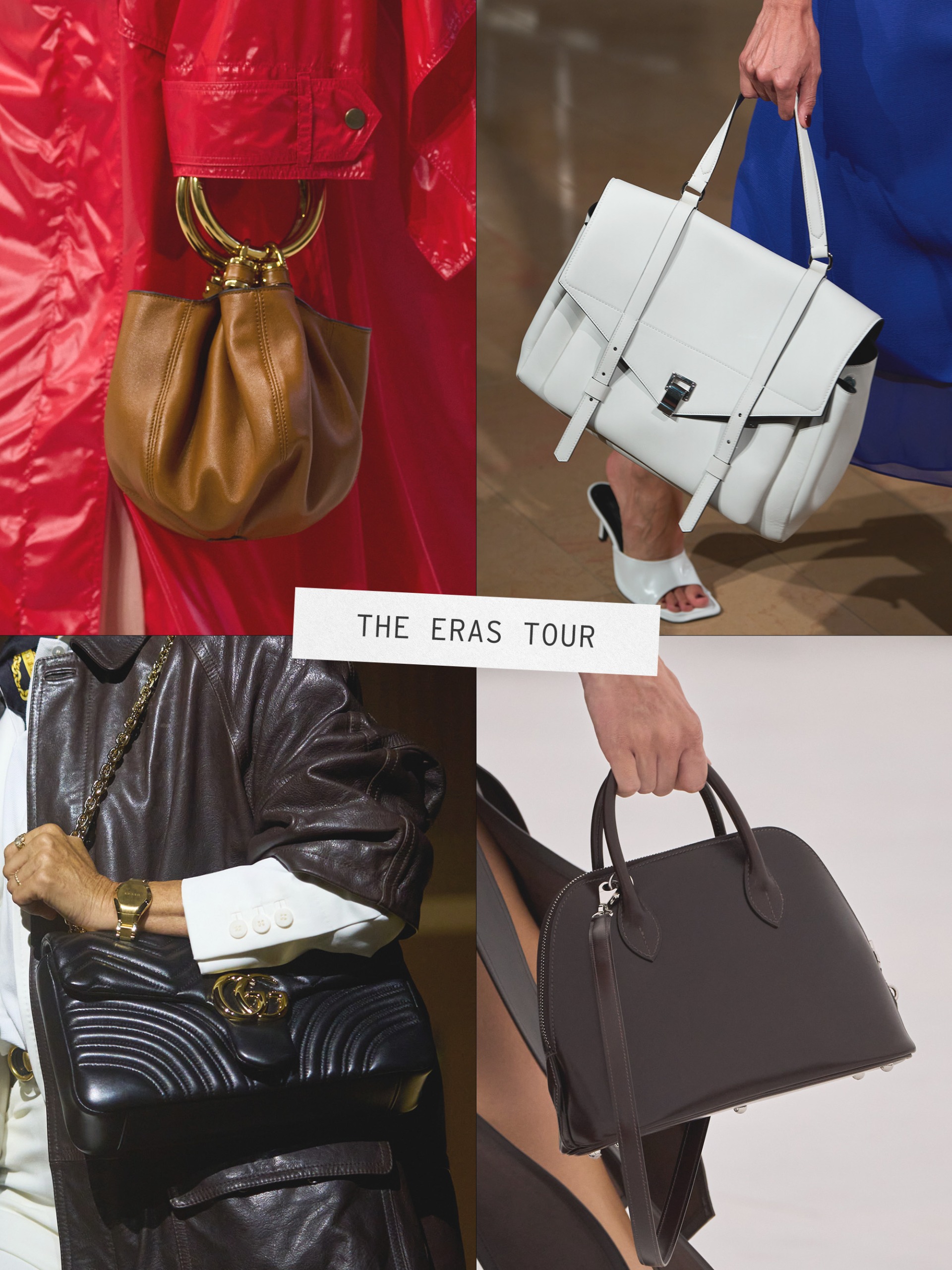 A collage of runway images featuring the major handbag trends of spring/summer 2027.