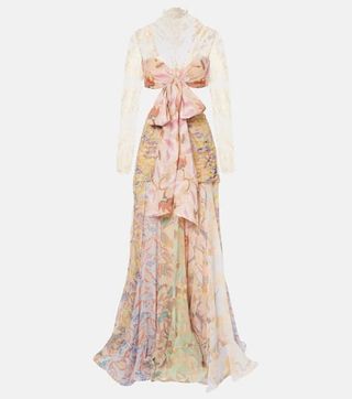 Eden Flounce Floral Lace-Trimmed Silk Gown