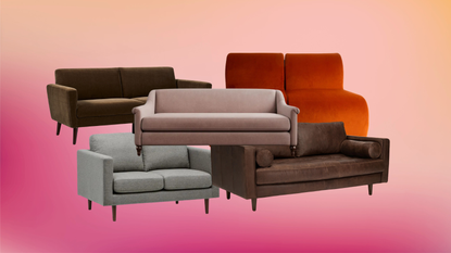 a collage of sofas good for small spaces over a colorful background