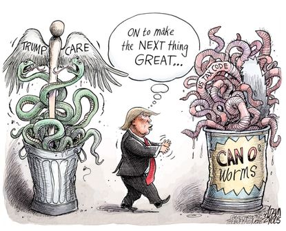 Political cartoon U.S. Trump repeal and replace tax code complications