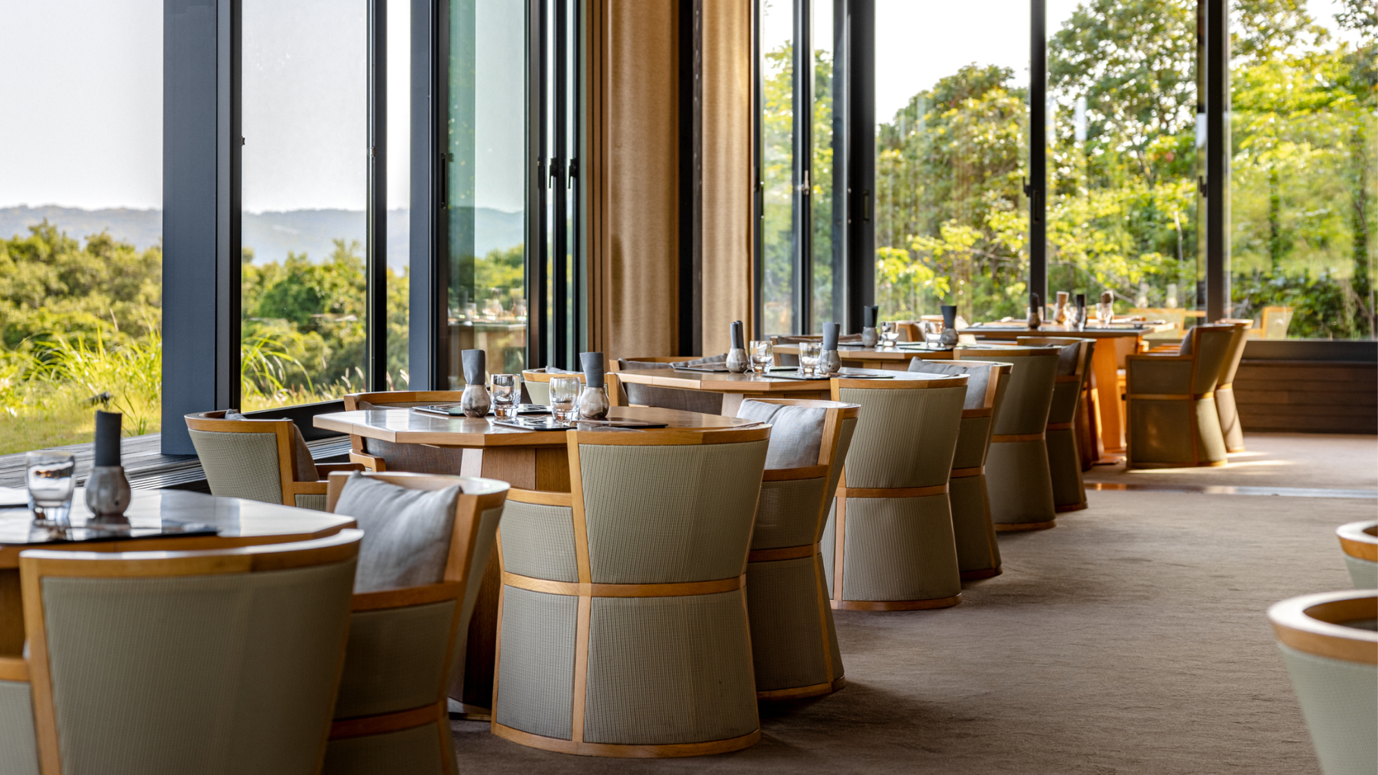 The dining room at Amanemu, with its glass windows