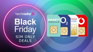 four sim cards on purple and green background with Black Friday SIM only deals text 