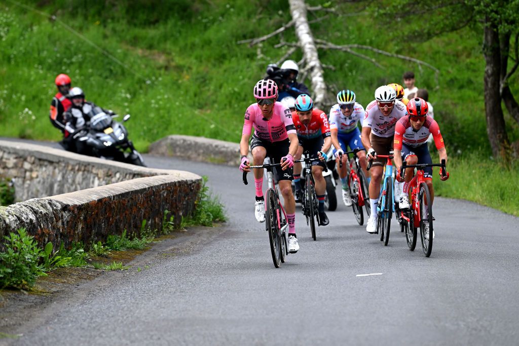 LA CHAISEDIEU FRANCE JUNE 05 LR Andrea Piccolo of Italy and Team EF EducationEasyPost Nans Peters of France and AG2R Citron Team and Kenny Elissonde of France and Team Trek Segafredo compete in the breakaway during the 75th Criterium du Dauphine 2023 Stage 2 a 1673km stage from BrassaclesMines to La ChaiseDieu 1080m UCIWT on June 05 2023 in La ChaiseDieu France Photo by Dario BelingheriGetty Images