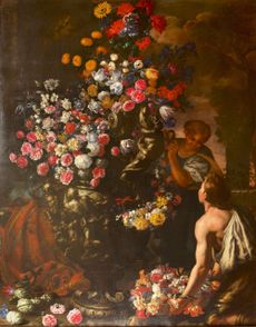 A Still Life of Flowers in an Urn with Two Figures, 1684, oil on canvas, 101in by 79in, by Giuseppe Recco (1634–95), Burghley House, Lincolnshire.