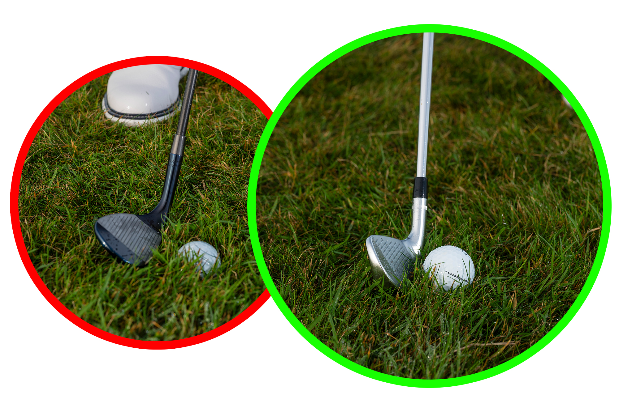 A golf ball in deep rough and a golf ball wth a good lie in the rough