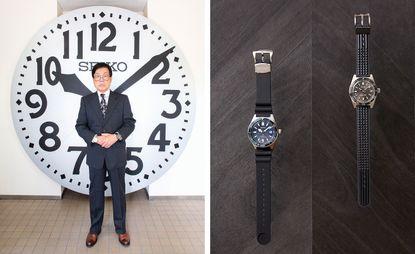 Left, Ikuo Tokunaga, photographed at the Seiko Museum, Sumida in August 2017. Tokunaga wears, from left to right, a Grand Seiko Spring Drive Chronograph