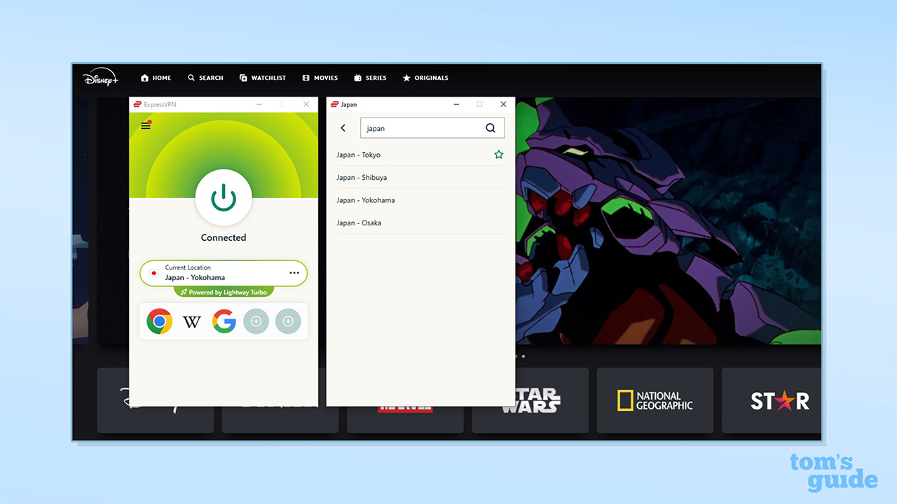 ExpressVPN on desktop connected to an Japanese server, unblocking Disney+