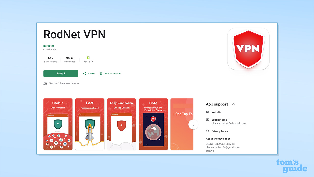 Screenshot of RodNet VPN on the Google Play Store