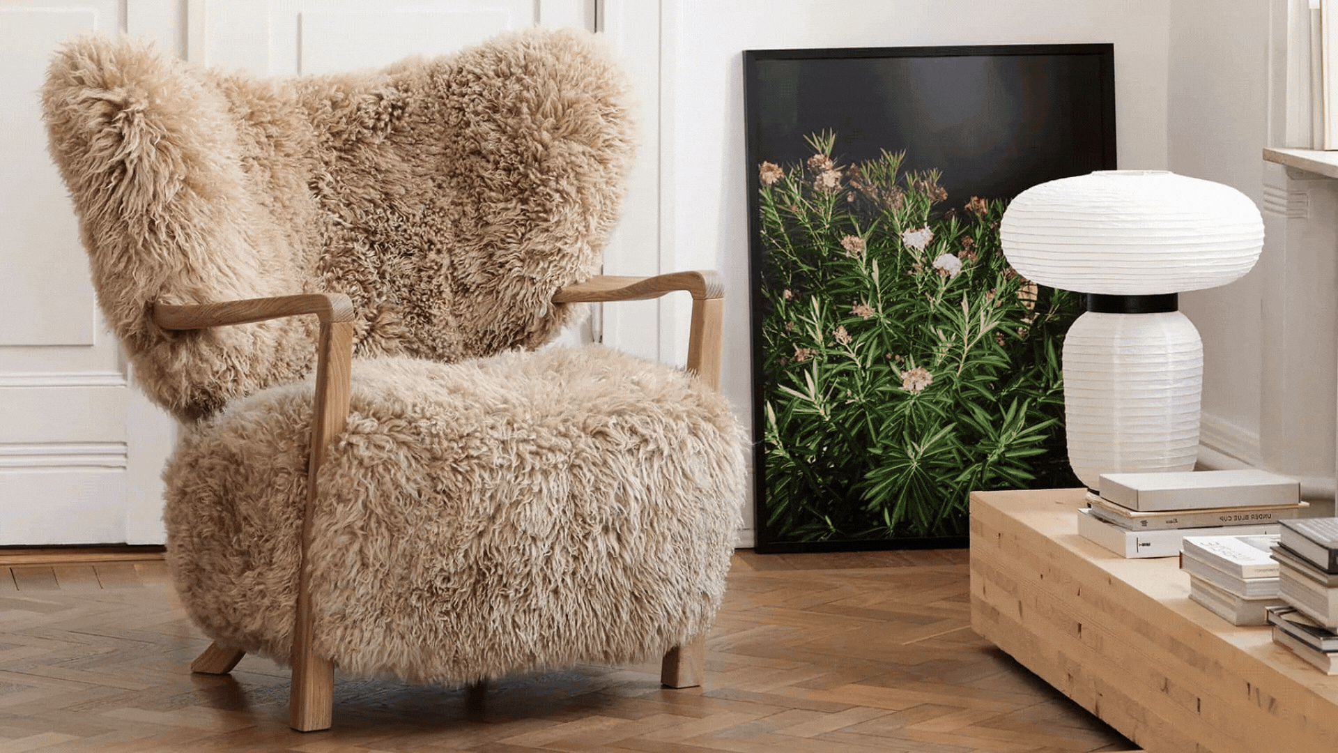A GIF of real and faux sheepskin armchairs from &amp;Tradition, The White Company, Barker &amp; Stonehouse, Anthropologie