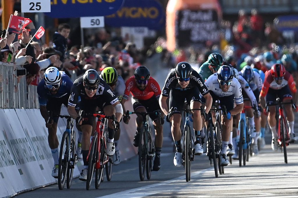 ORBASSANO ITALY MARCH 15 LR Fernando Gaviria of Colombia and Movistar Team Arvid De Kleijn of The and Tudor Pro Cycling Team Nacer Bouhanni of France and Team Arka Samsic Casper Van Uden of The Netherlands and Team DSM and Itamar Einhorn of Israel and Team Israel Premier Tech sprint at finish line during the 104th MilanoTorino 2023 a 192km one day race from Rho to Orbassano MilanoTorino on March 15 2023 in Orbassano Italy Photo by Tim de WaeleGetty Images