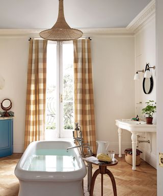 Beata Heuman designed bathroom with gingham curtains