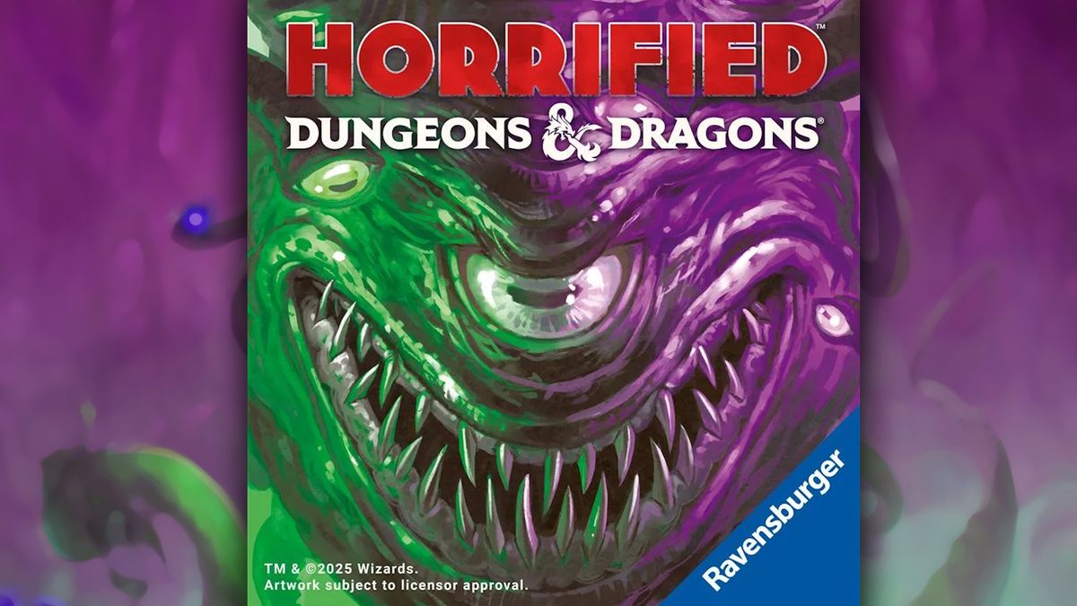 The cover of Horrified: Dungeons and Dragons, with smiling Beholder in green and purple