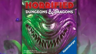 The cover of Horrified: Dungeons and Dragons, with smiling Beholder in green and purple