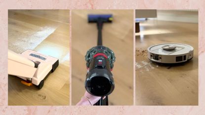 Three of the best vacuum cleaners on a pink background: the SEBO lifting flour off the floor, the Dyson V8 controls, and the Shark vacuum on a hardwood floor