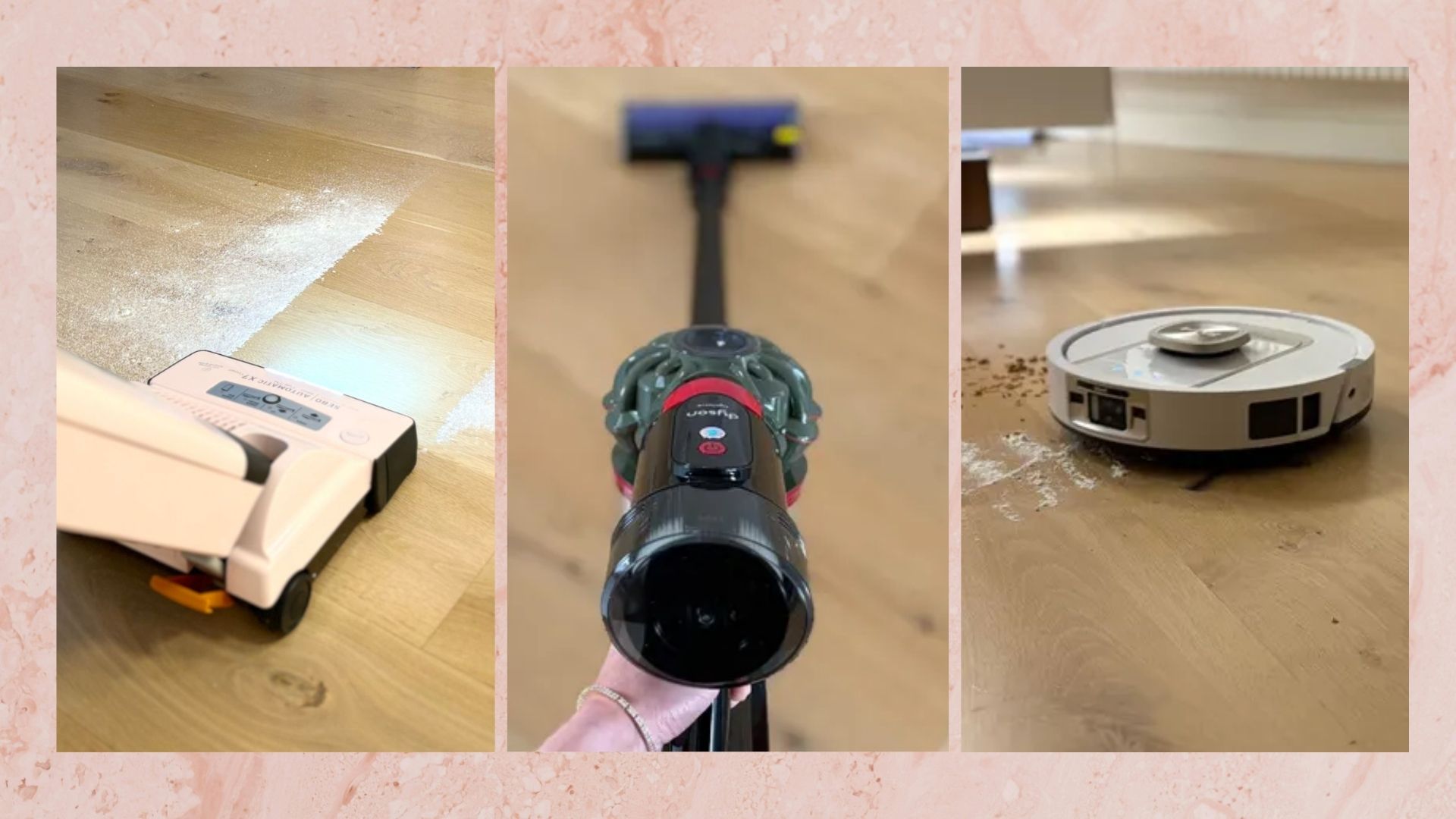 Three of the best vacuum cleaners on a pink background: the SEBO lifting flour off the floor, the Dyson V8 controls, and the Shark vacuum on a hardwood floor